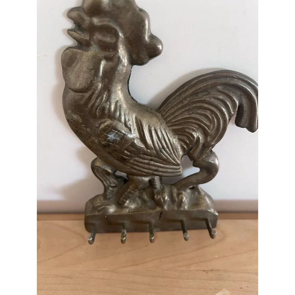Vintage Brass Rooster Wall Mount Hooks Farmhouse Rustic Kitchen Chicken Décor